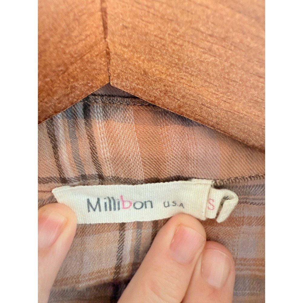 Millibon USA Gauzy Cotton Beige Plaid Cropped Western Swing Shirt Raw Hem Small - Picture 6 of 6